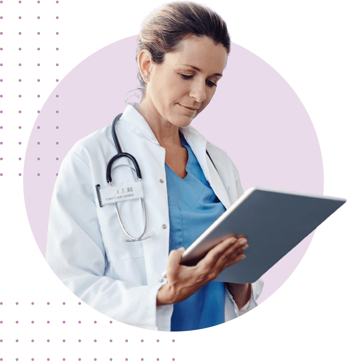 white female doctor holding her tablet