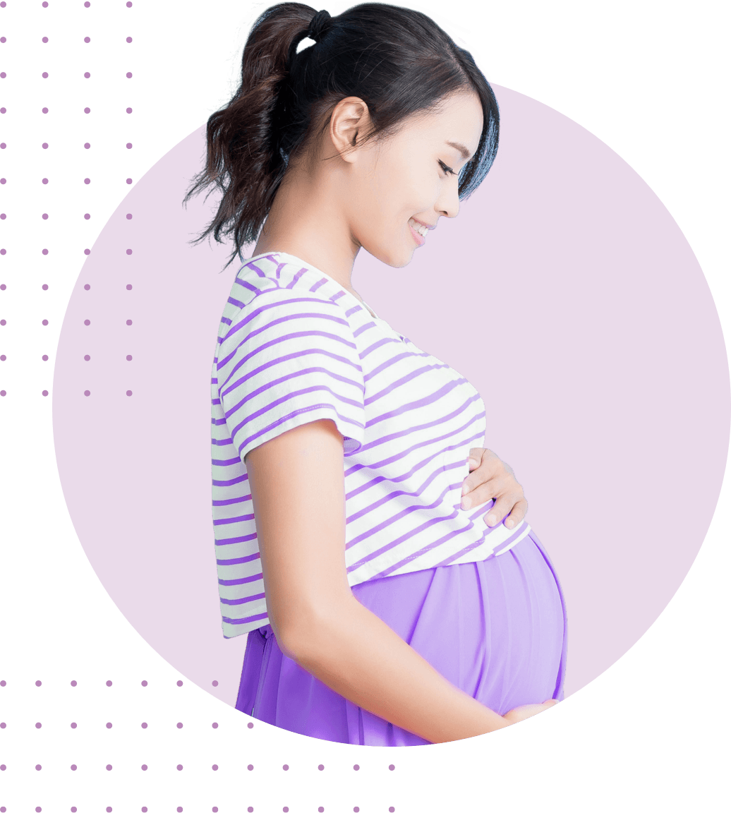 young pregnant asian women holding belly with both hand