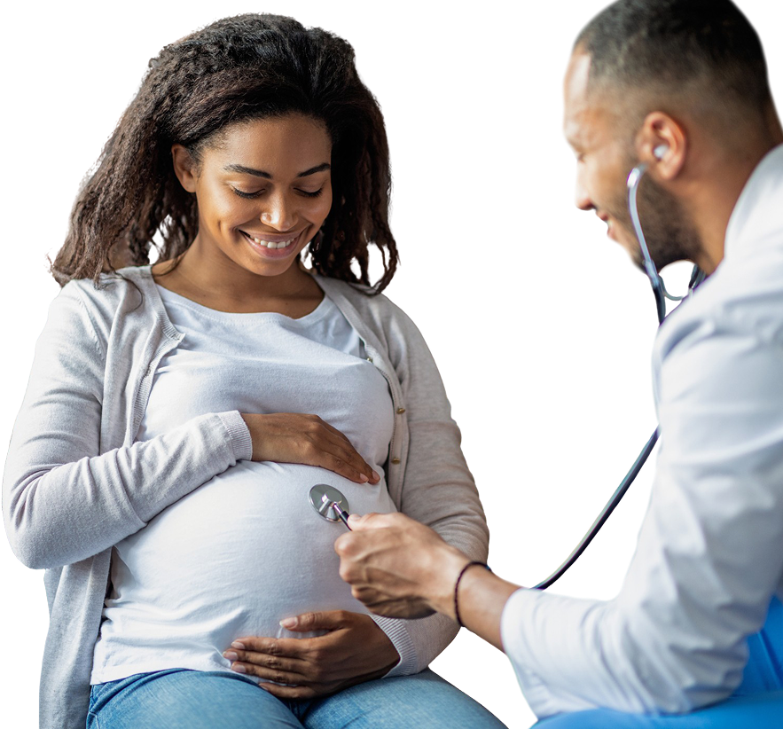 doctor with stethoscope on woman's pregnant belly