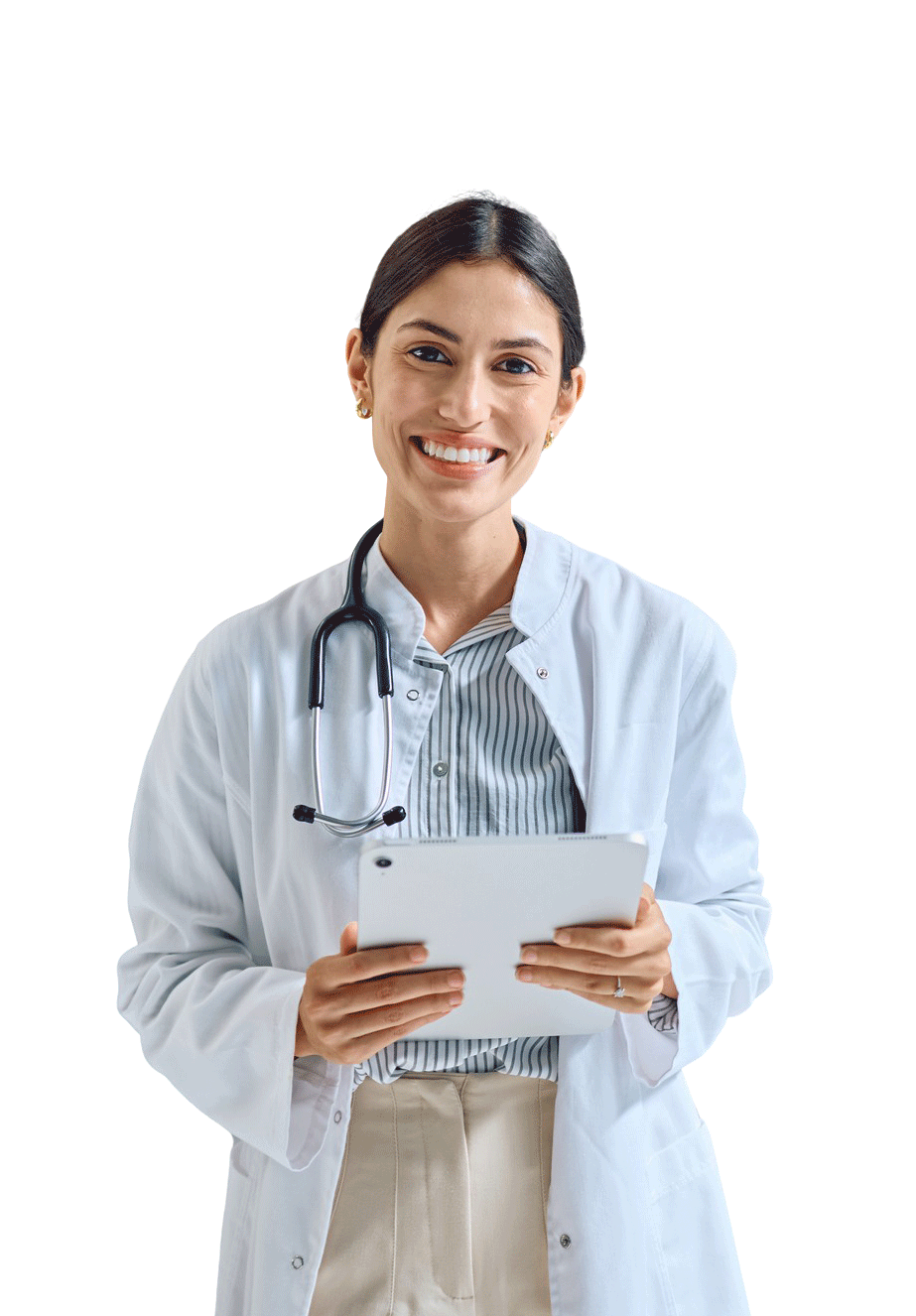 smiling doctor holding paperwork in her hands